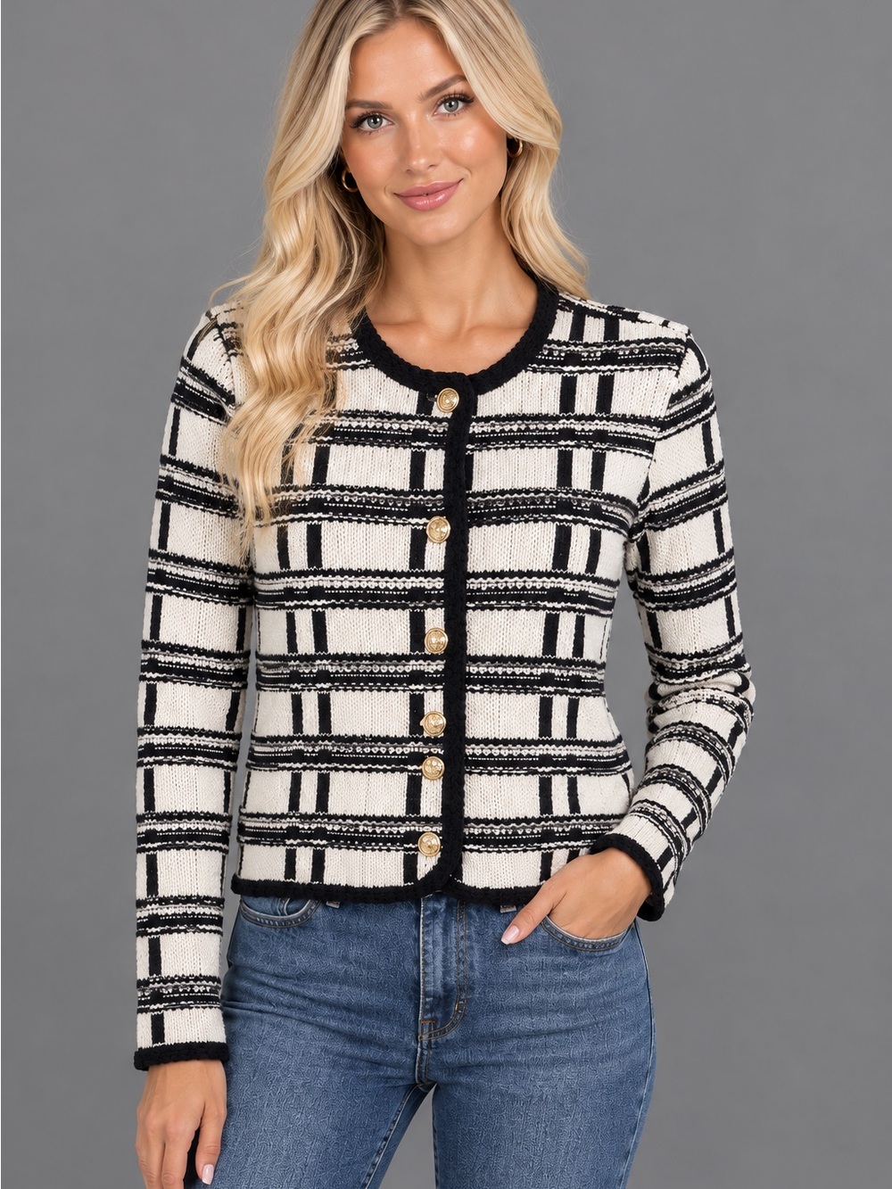 ANN TAYLOR Striped Knit Cardigan Sweater Size S Gold Buttons White and Blue